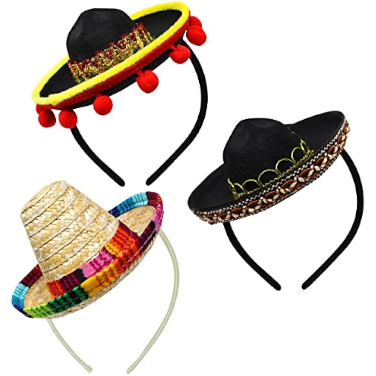 Cinco De Mayo Sombrero Headbands - Fabric and Straw Mexican Hats, Party Costumes, Luau Event Props, Theme Decorations, Dia De Muertos Favors
