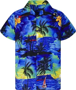 Blue Yellow Island Vibes Hawaii Shirt, Palm Tree Scenic Shirt For Men, Vacation Outfit, Sunset Shirts