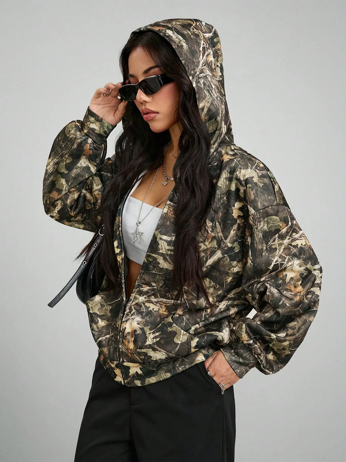 Women's Trendy Aesthetic Olive Branch Print Jacket, Zip Hoodie Sweatshirt, Long Sleeves, Casual Fitted Design with Pockets, All Seasons, Comfortable and Stylish