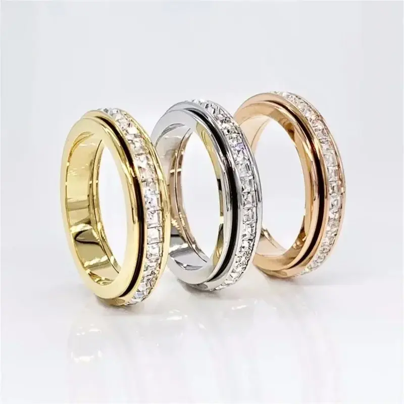 Women's Rotatable Titanium Steel Cubic Zirconia Stackable Ring - Low-Profile Diamond Alternative Wedding Eternity Fashion Jewelry Accessory, Rings for Women