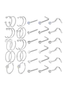36 Piece Nose Ring Set, Stainless Steel Hypoallergenic Jewelry, Unisex Design, Includes Hoop Rings & L-Shaped Studs