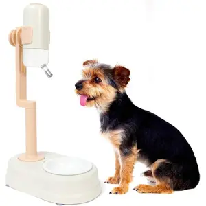 Pet Standing Water Dispenser Cat Dog Standing Ceramic Bowl Automatically Feeding Water Height Adjustable Detachable Pole (White, Large)