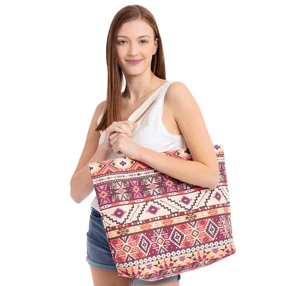 Women's Aztec Pattern Cotton Beach Tote Bag, Chic Casual Crossbody Bag for Parties, Elegant, Handbag, Lightweight, Multi-Function, Shoulder Strap