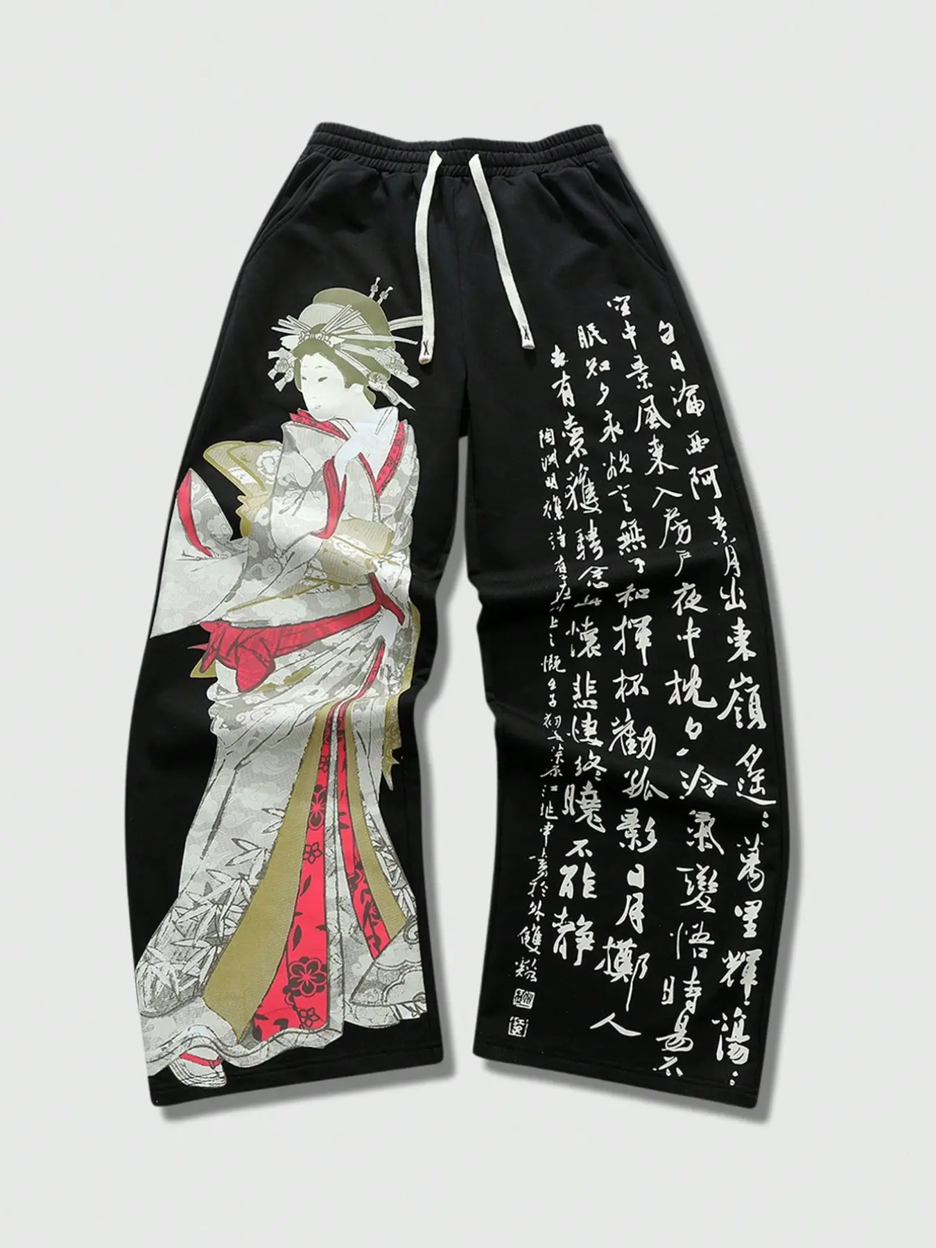 Men's Japanese Aesthetic Geisha Calligraphy Print Sweatpants, Breathable Casual Wide Leg Pants, Ideal for Daily and Streetwear