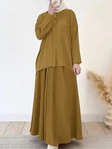 ZANZEA Women's Modest Solid Color 2-Piece Outfit Set - Shirt Collar Long Sleeve Button-Front Skirt, Casual Wear for Daily Commuting, Outfit Sets Women