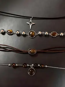 4-Piece Retro Malachite Tiger Eye Pendant Design Necklace Set, Unisex Simple Elegant Daily Wear Commute Party Jewelry, Stylish Accessory Collection