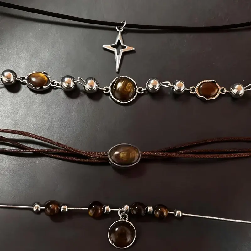 4-Piece Retro Malachite Tiger Eye Pendant Design Necklace Set, Unisex Simple Elegant Jewelry for Daily Wear, Commute & Party, Stylish Accessory Collection