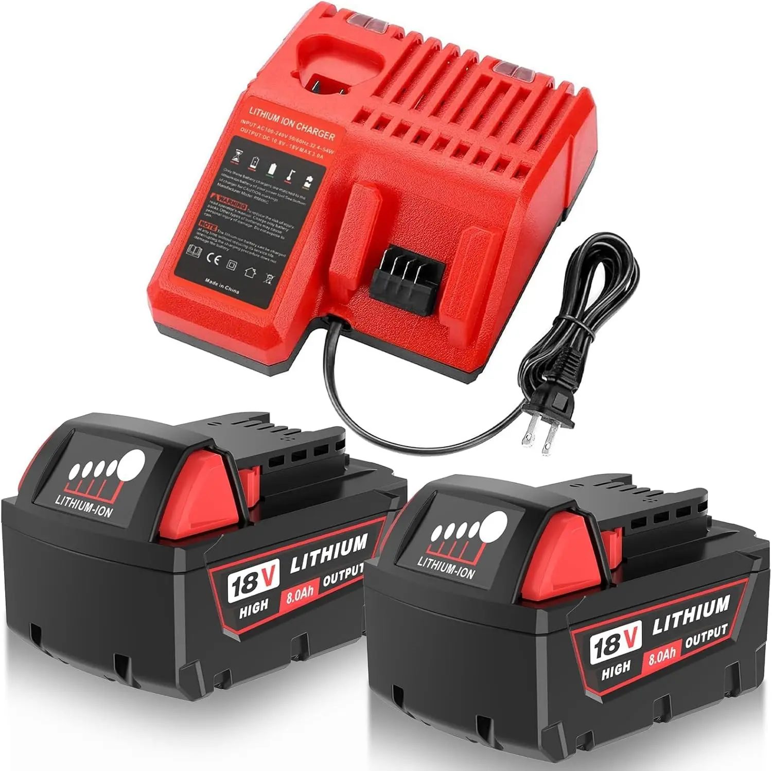 Milwaukee M18 Battery Kit - 2-Pack 18V 8.0Ah Durable High Output Lithium-Ion Replacement Batteries, Short-Circuit Safe Cells, 100V-240V AC Charger with Overcharge Guard, Compatible with Cordless Power Tools (48-11-1820,1828,1830,1850,1852)