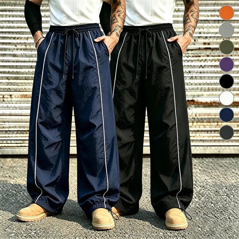 Men Convertible Hem Wide Leg Windbreaker Pants, Wrinkle-Free Thin Shell Trousers with Double Side Contrast Tape, Dual Drawstring Elastic Waist, Slant Hand Pockets for Skate Street Style
