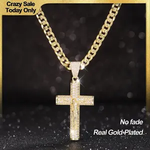 14K Real Gold-Plated Cross Necklace for Men, Advanced Nanotech Tarnish-Free Cuban Figaro Rope Miami Chains with Jesus Crucifix Pendant, 22" Long , Christian Religious Jewelry Gift Gold Diamond Cross Pendant Chain Necklace