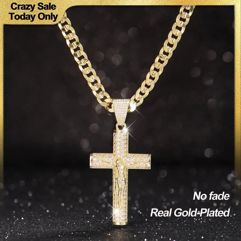 14K Real Gold-Plated Cross Necklace for Men, Advanced Nanotech Tarnish-Free Cuban Figaro Rope Miami Chains with Jesus Crucifix Pendant, 22" Long , Christian Religious Jewelry Gift Gold Diamond Cross Pendant Chain Necklace