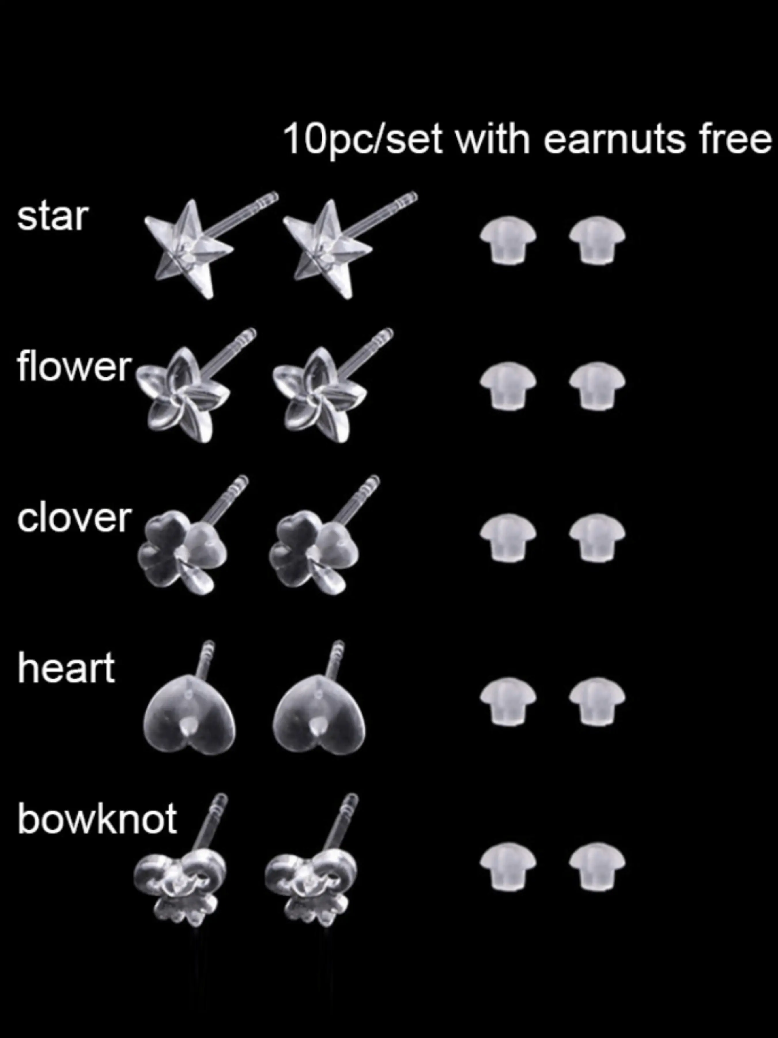 10pcs Set of Clear Resin Stud Earrings, Ear Studs, Stud Earring Jewelry, Invisible Lightweight & Durable with Rubber Backs, Simple Heart Flower Star Designs for Men