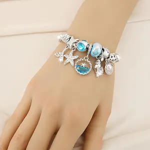 1pc Mermaid Tail Ocean Style Beaded Pendant Bracelet - with Blue Imitation Crystal Starfish And Faux Shell