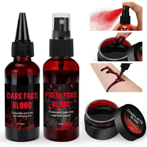 3PCS Halloween Fake Blood Kit, 2.03oz Fake Blood Spray and 2.03oz Dripping Blood and 1.06oz Coagulated Gel Blood, Realistic Washable Fake Blood Makeup for...