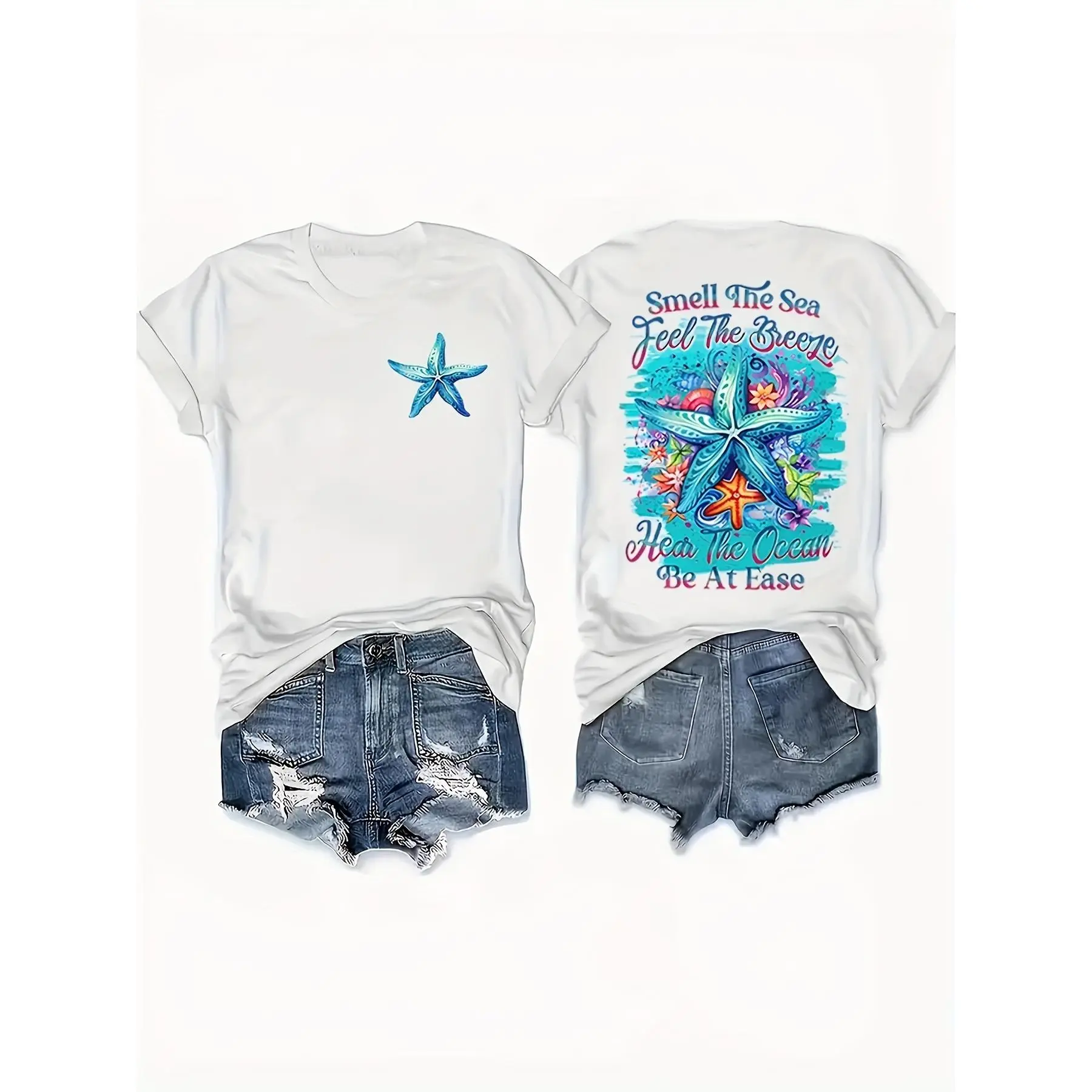 Ladies' light blue starfish and letter printed T-shirt - "Smell the Sea" design, comfortable round neck, short sleeved, suitable for casual wear in spring and summer