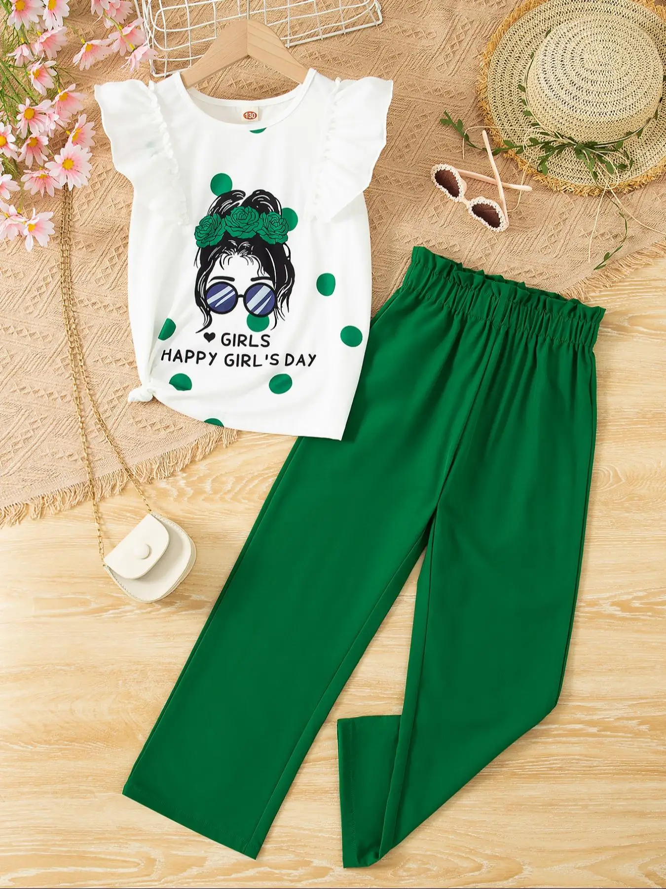 Girl's Cartoon Print Tee & Plain Pants Two-Piece Set, Casual Round Neck Butterfly Sleeve T-Shirt & Trousers for Summer, Kids Clothes for Daily Wear