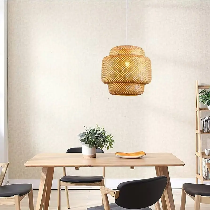 Boho Woven Rattan Lampshade, Handmade Natural Light Fixture for Dining Room Kitchen Living Room Bedroom, Beach Country Style Decor