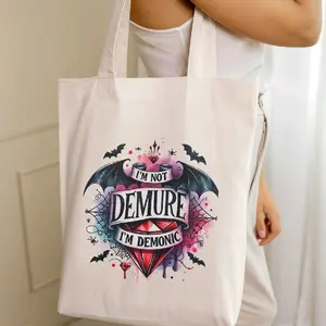 Halloween Tote Bags - I'm Not Demure I'm Demonic Design with Bat and Spider Web Motif for Halloween Theme
