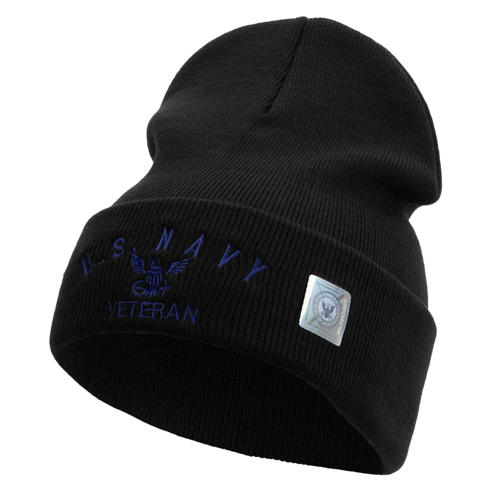 Made in USA Eagle Navy Veteran Logo Embroidered 12 Inch Solid Knit Cuff Long Beanie