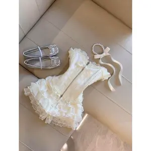 Sweet Princess Dress Woman French Lace Sim Fairy Dress Harajuku Gyaru Elegant Chic Ball Gown Summer Kawaii 90s Sexy Fashion