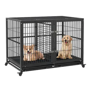 48"/52" Metal Dog Crate, Extra Large Metal Dog Kennel with Roof Top, 2 Door Pet Cage House with Removable Tray and Wheels for Indoor & Outdoor Use