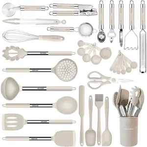 Kitchen Utensils Set-Silicone Cooking Utensils-33pcs Non-Stick Silicone Cooking Kitchen Utensils Spatula Set with Holder-Best Kitchen Cookware with Stainless Steel Handle (Khaki)