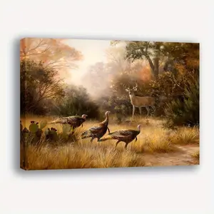 Autumn Wildlife Scene - Deer and Wild Turkeys in a Peaceful Forest Setting Framed Canvas Artwork - For Home & Office Decoration - Perfect Christmas Gift for Nature Lovers Ornaments Photo Wall Room