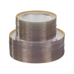 Bulk  100 Ct. Premium Clear Plastic Plates with Gold Trim