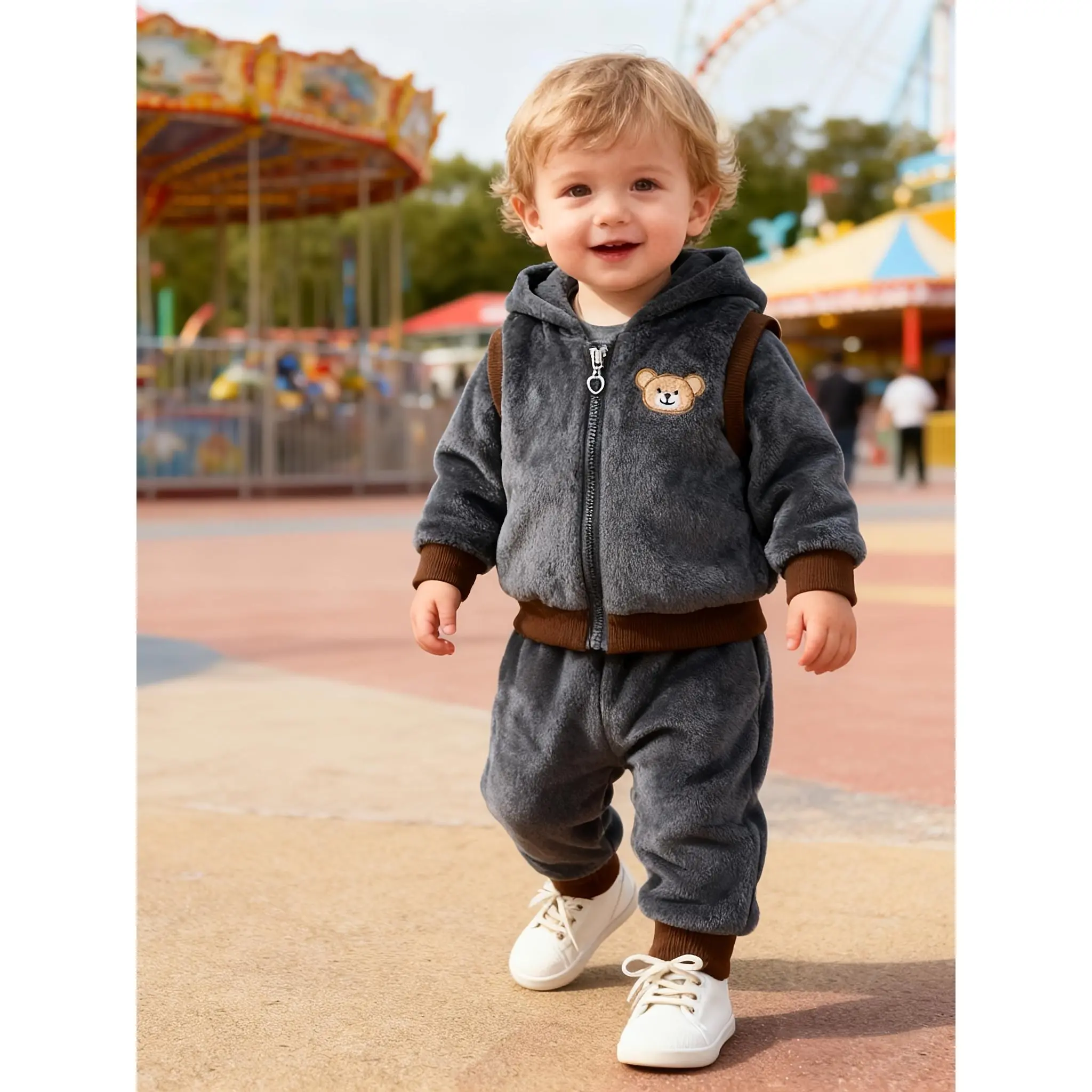 [Winter Plush Panda Suit] 3pcs Boys' Winter Plush Panda Jacket & Pants Suit - Thick Warm Cute Clothes with Matching Outfit, Machine Washable Cozy Wear for Weather (3pcs), Perfect for Outdoor