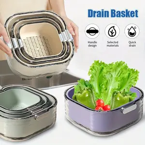 3PCS Double-Layer Vegetable Fruit Washing Basket Set, Large Medium Small Thickened Drain Basin, Multifunctional Reusable Strainer with Colander, Stackable Soak Clean Dry Kitchen Organizer Kit