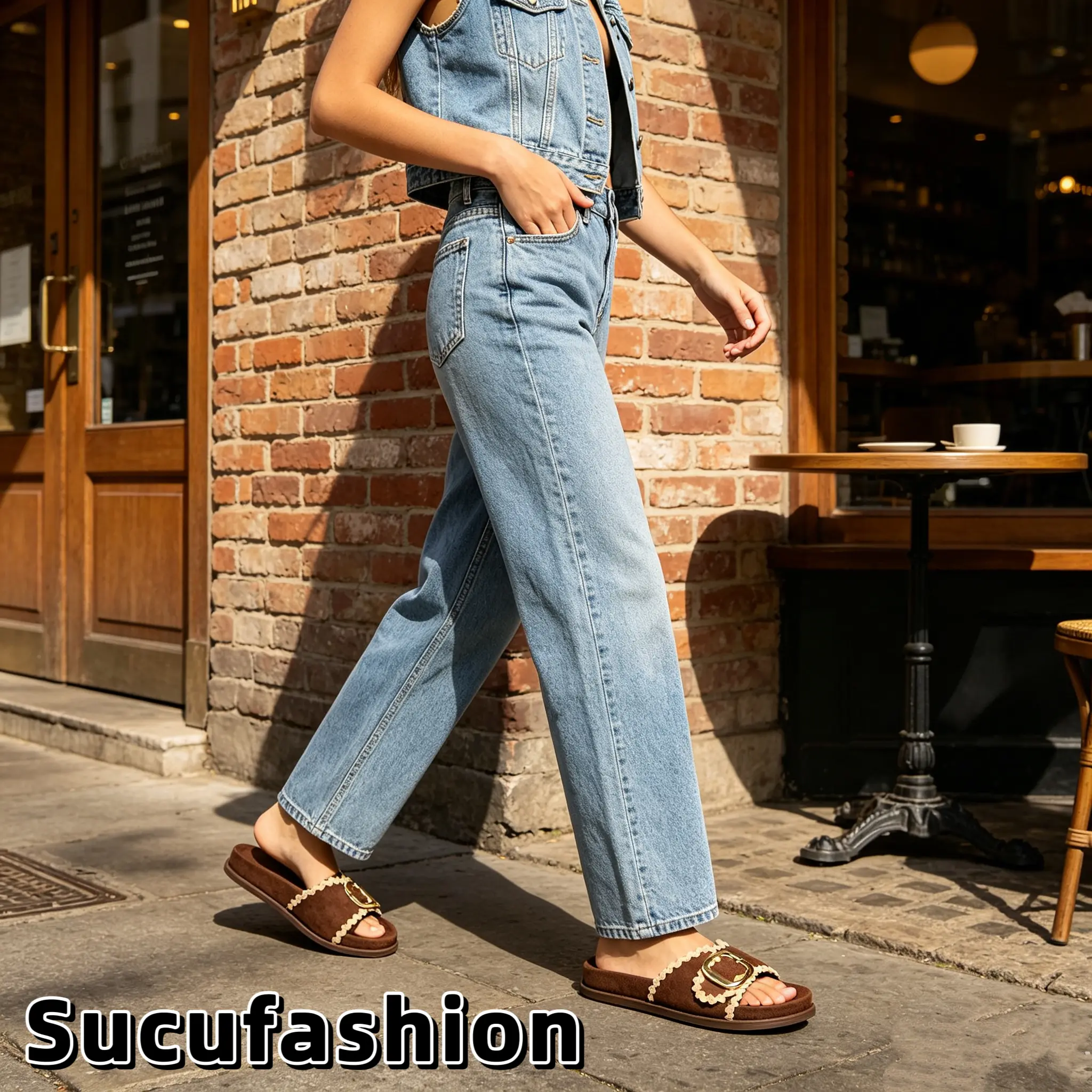 SUCUFashion Stylish Women's Buckle Suede Slides for Outdoor with Rubber Sole Comfortable and Trendy
