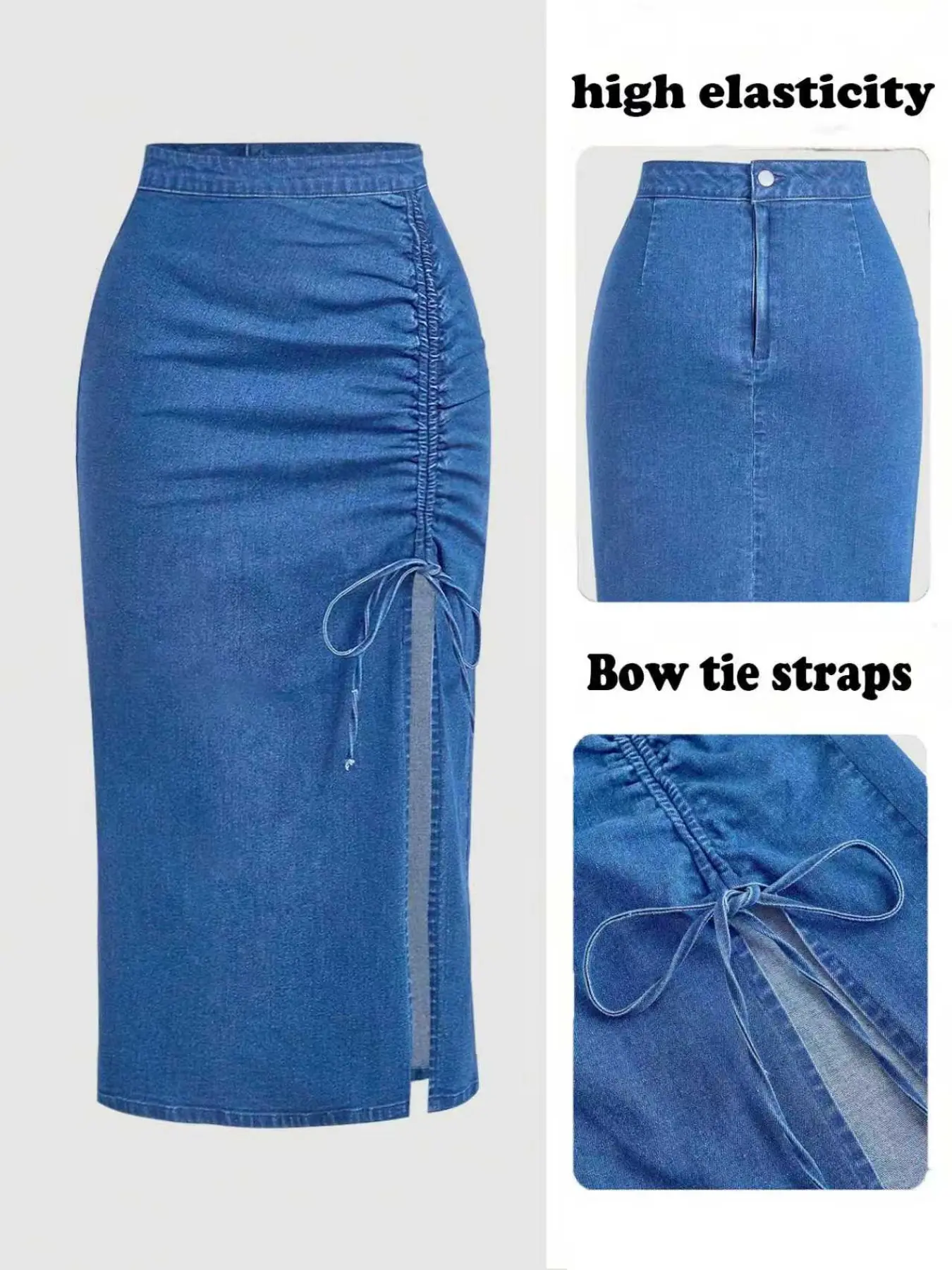 Women's Denim Half Skirt Bottom, Ruched Design, Drawstring Waist Design, Elastic Fit, Stretchy, Perfect for Casual Wear & Daily, Stylish Womenswear, Street Fashion Skirt