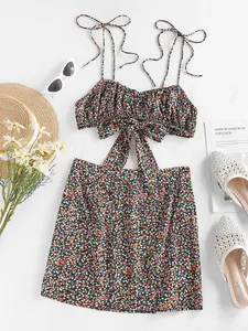 Rosegalette Ditsy Print Tie Shoulder Bowknot Slit Skirt Set - Floral Rayon Top & Straight Skirt for Spring Summer Daily & Vacation Wear