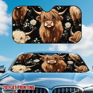 1pc Highland Cow Meadow Car Sunshade, Elegant Windshield Cover, Vehicle Interior Decoration