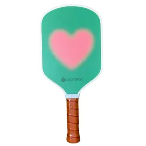 Picklefab Blurred Heart Fiberglass Pickle Ball Paddle - Cute Single Paddle with Smaller Grip - Green and Pink Textured Racket Surface - Lightweight 8oz 16mm Core 16.5" Length - Luxury Pickleball Gifts for Women