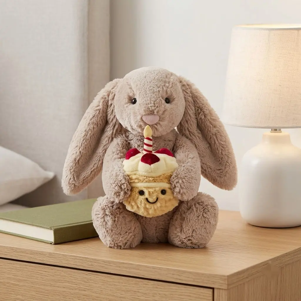 Jellycat Bashful Beige Birthday Bunny by Jellycat | Velvety Soft Companion Holding a Sweet Celebration Cake