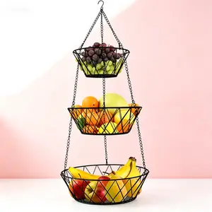 Black Hanging Fruit Basket - Heavy Duty 3 Tier, No Assembly Required, Space Saving - Hanging Fruit Basket for Kitchen, Vegetable Fruit Organizer - Heavy Duty Storage, Wire Mesh Design