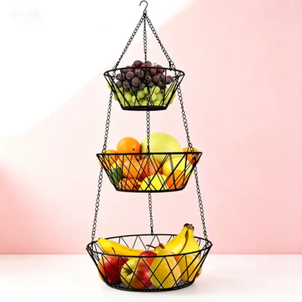 Black Hanging Fruit Basket - Heavy Duty 3 Tier, No Assembly Required, Space Saving - Hanging Fruit Basket for Kitchen, Vegetable Fruit Organizer - Heavy Duty Storage, Wire Mesh Design