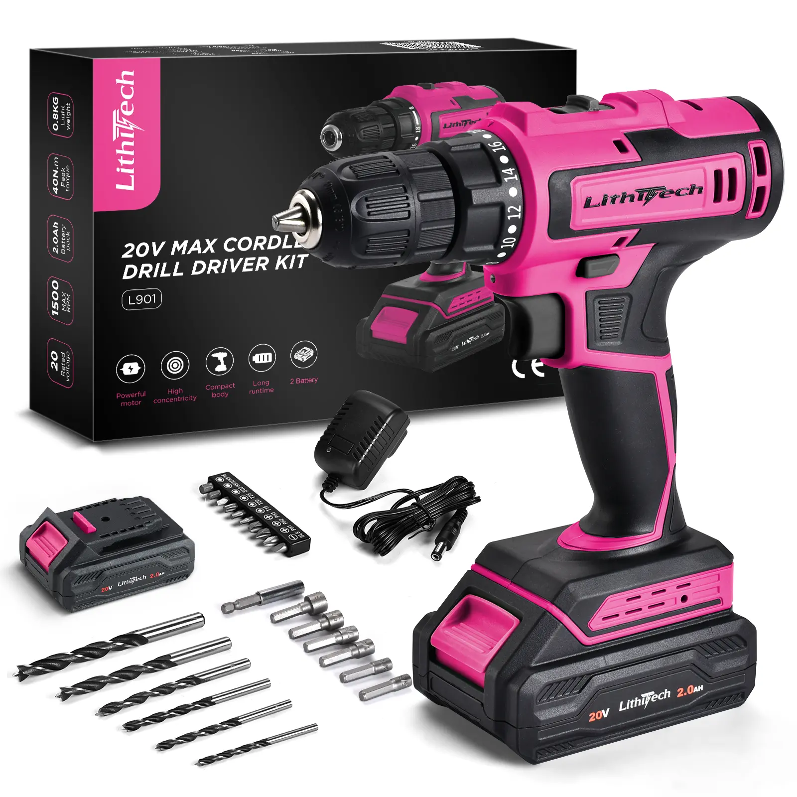 20V Pink Cordless Drill Set for Women - with 2.0Ah Battery & Charger, 3/8" Keyless Chuck,Lightweight Electric Power Drill Tool,2-Speed + 354 In-Lb Torque(Pink) portable