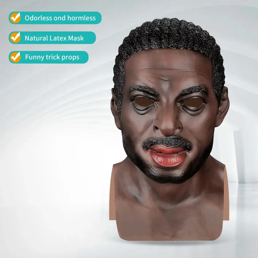 This men’s full-neck latex mask features a realistic texture and refined skin details, including dense black eyebrows, deep eyes, and lifelike stubble. Suitable for sports/basketball role-playing, Halloween/costume parties, pranks, short video shooting, h