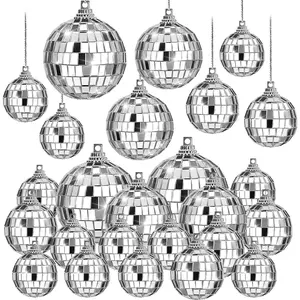 28 Pack Disco Ball Decorations, Silver Mini Hanging Mirror Ball Ornaments with Rope for 70s Disco Themed Birthday Party Supplies, 4 Sizes