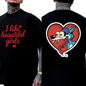 FEEGO Cotton printed short sleeves, double-sided large picture: red confession + love mad wolf, street style Y2K T-shirt, unisex loose Tee gift idea graphic tee t-shirt