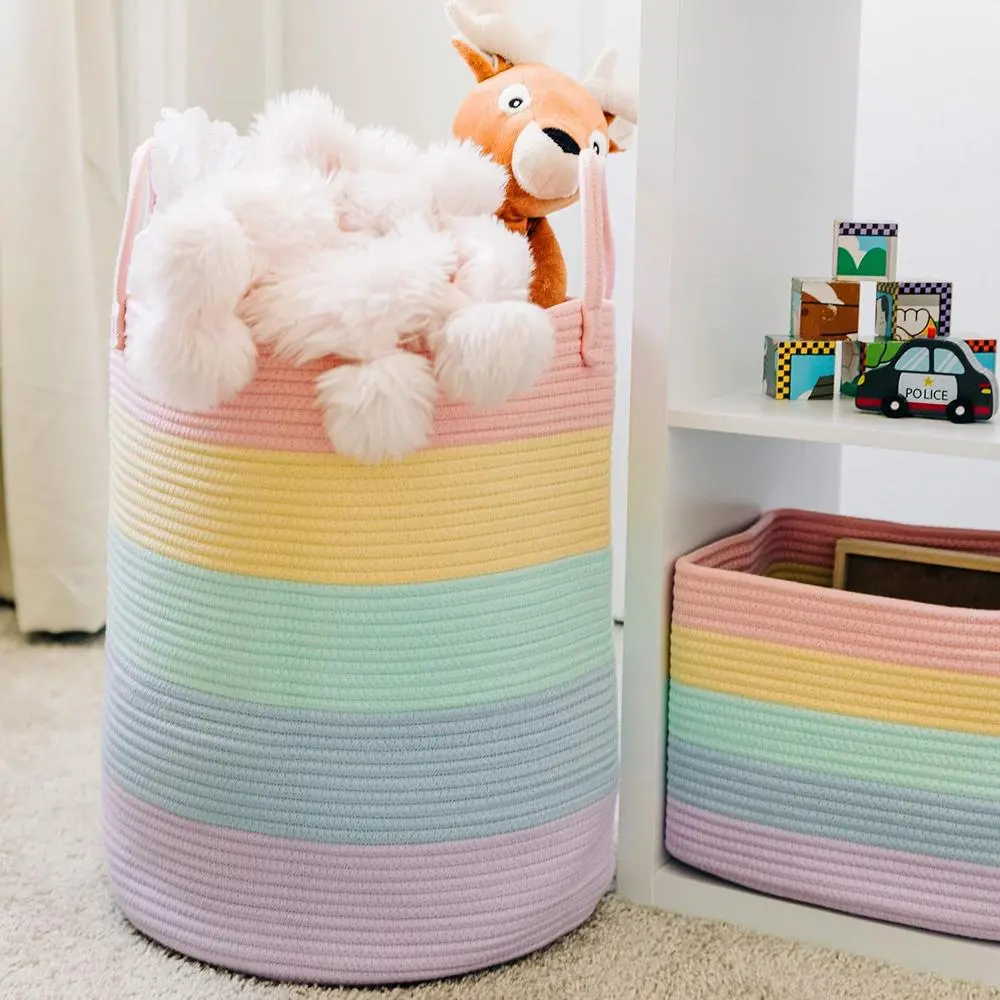 Cotton Rope Basket for Rainbow Classroom Decor 15x18| Toy Basket for Pastel Room Decor| Playroom Organization and Storage| Toy Bins & Book Basket| Tall Blanket Basket for Living Room Organizing Organiser