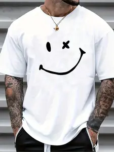 Men's Regular Fit Smile Face Print Short Sleeve Round Neck T-shirt, Casual Comfy T-shirt for Summer, Men's Top for Daily Wear, Casual Fit Streetwear