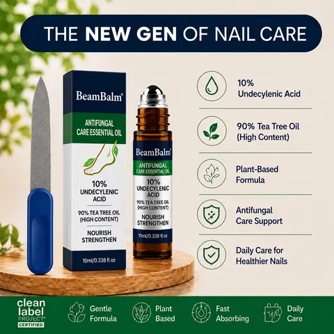 BEAMBALM Lightweight Fast-Absorbing Anti-Fungal Roller Serum Cosmetic (10Ml / 0.338 Fl Oz Compact Travel Size) - 10% Undecylenic Acid, 90% Tea Tree Oil, Daily Nail Repair for Men & Women, Hydrates Dry Areas, Smooths Rough Surfaces, Targets Discoloration