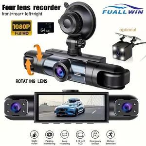 4 Channel Dash Cam Front and Rear Cabin, 360° Dash Camera Night Vision 8 IR Lamps Dash Camera for Cars, G-Sensor, 24H/7 Parking Mode with 64GB Card,Support 256 GB Max
