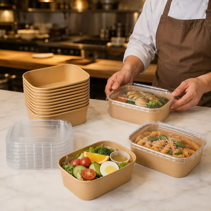 Bulk Food Containers with Lids | Paper Bowls for Salads, Pasta, Fries | BPA Free | Restaurant Supply