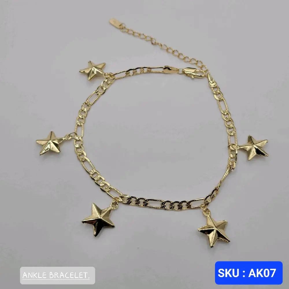 Ankle Bracelet Star, Chain Figaro link Diamont cut Adjustable 8.5 to 10.5 Inches 5 millimeters chain wide.  Laminated Gold SKU AK07 Anklet