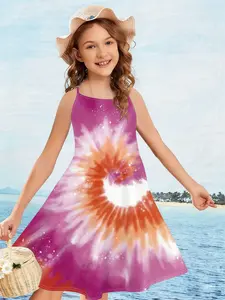 Girls' Spiral Tie-Dye Sparkle 3D Printed Dress, Cute Sweet Style, Loose-Fitting Casual Vacation Daily Wear