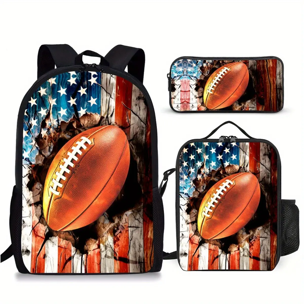 Kids 3-Piece Patriotic American Flag Football Print School Backpack Set, 600D Polyester Oxford Cloth, Insulated Lunch Box, Top Handle, Adjustable Straps, Fits 15in Laptop, for First Day of School